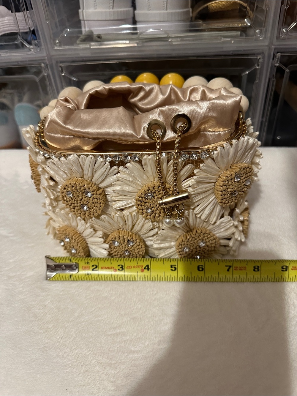 Mini Floral Beaded Drawstring Bag in Cream and Yellow - Picture 6 of 14